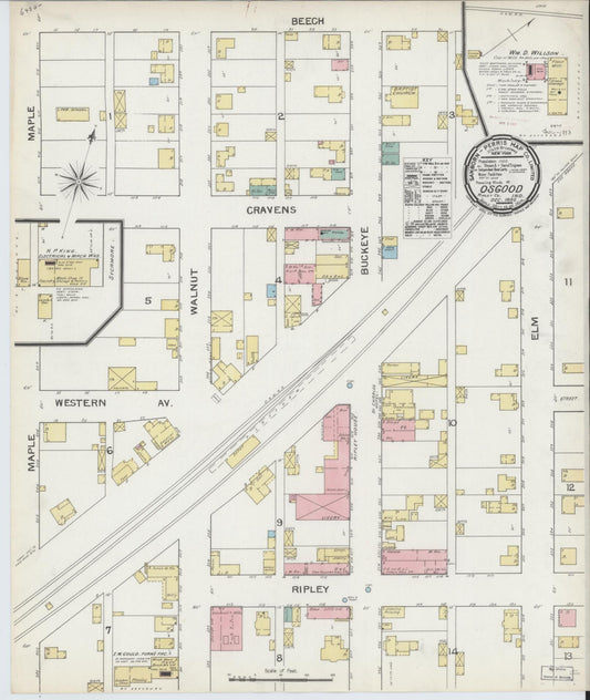 Sanborn Fire Insurance Map from Osgood, Ripley County, Indiana (1892), Sheet #0001 - Historic Sanborn Fire Insurance Map Print, vintage old map wall art, antique decor, genealogy gift, Indiana Indiana map