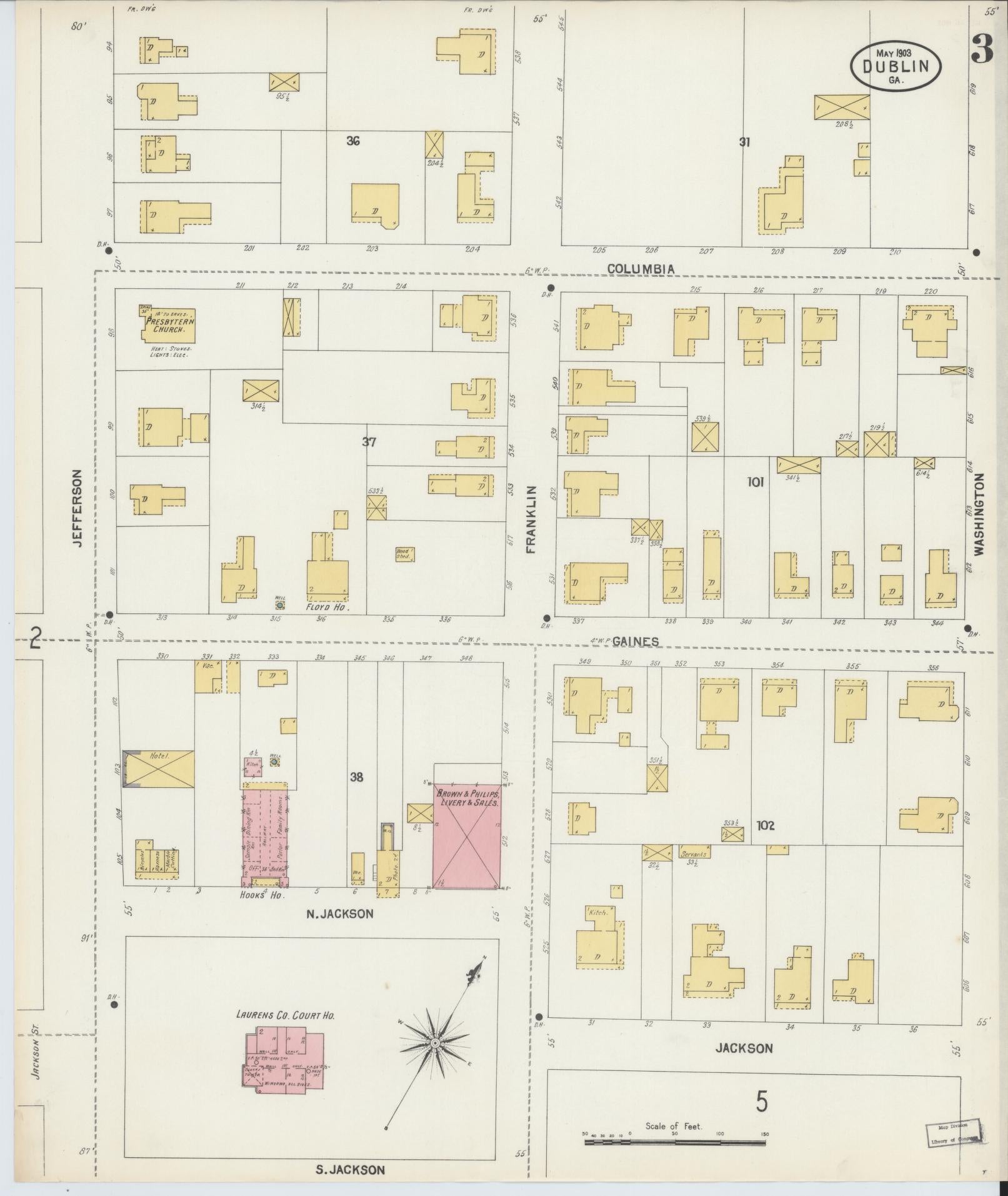 Sanborn Fire Insurance Map from Dublin, Laurens County, Georgia (1903), Sheet #0003 - Complete Map Set gallery image, historic Sanborn map, vintage wall art, Georgia Georgia