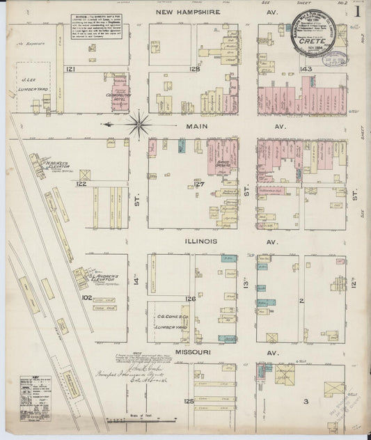 Sanborn Fire Insurance Map from Crete, Saline County, Nebraska (1884), Sheet #0001 - Historic Sanborn Fire Insurance Map Print, vintage old map wall art, antique decor, genealogy gift, Nebraska Nebraska map