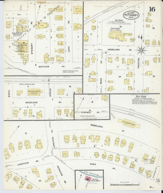 Sanborn Fire Insurance Map from Petoskey, Emmet County, Michigan (1907), Sheet #0016 - Historic Sanborn Fire Insurance Map Print, vintage old map wall art, antique decor, genealogy gift, Michigan Michigan map