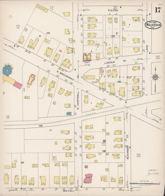 Sanborn Fire Insurance Map from Waukesha, Waukesha County, Wisconsin (1922), Sheet #0017 - Historic Sanborn Fire Insurance Map Print, vintage old map wall art, antique decor, genealogy gift, Wisconsin Wisconsin map