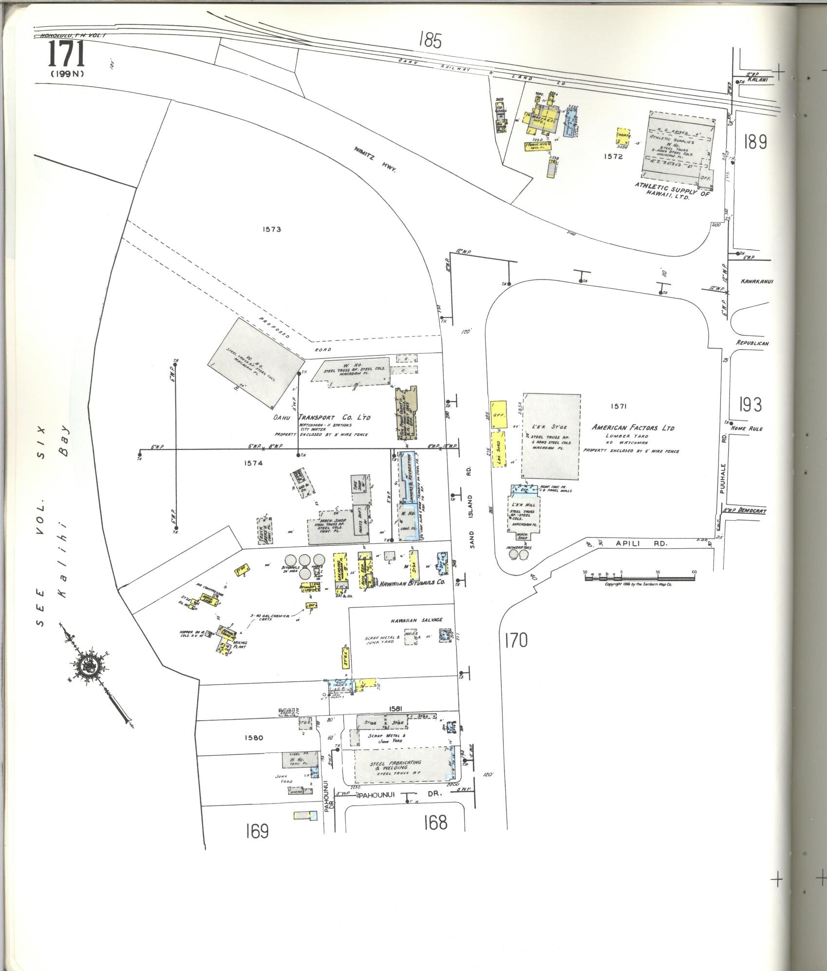 Sanborn Fire Insurance Map from Honolulu, Oahu County, Hawaii (1955), Sheet #0171 - Historic Sanborn Fire Insurance Map Print, vintage old map wall art