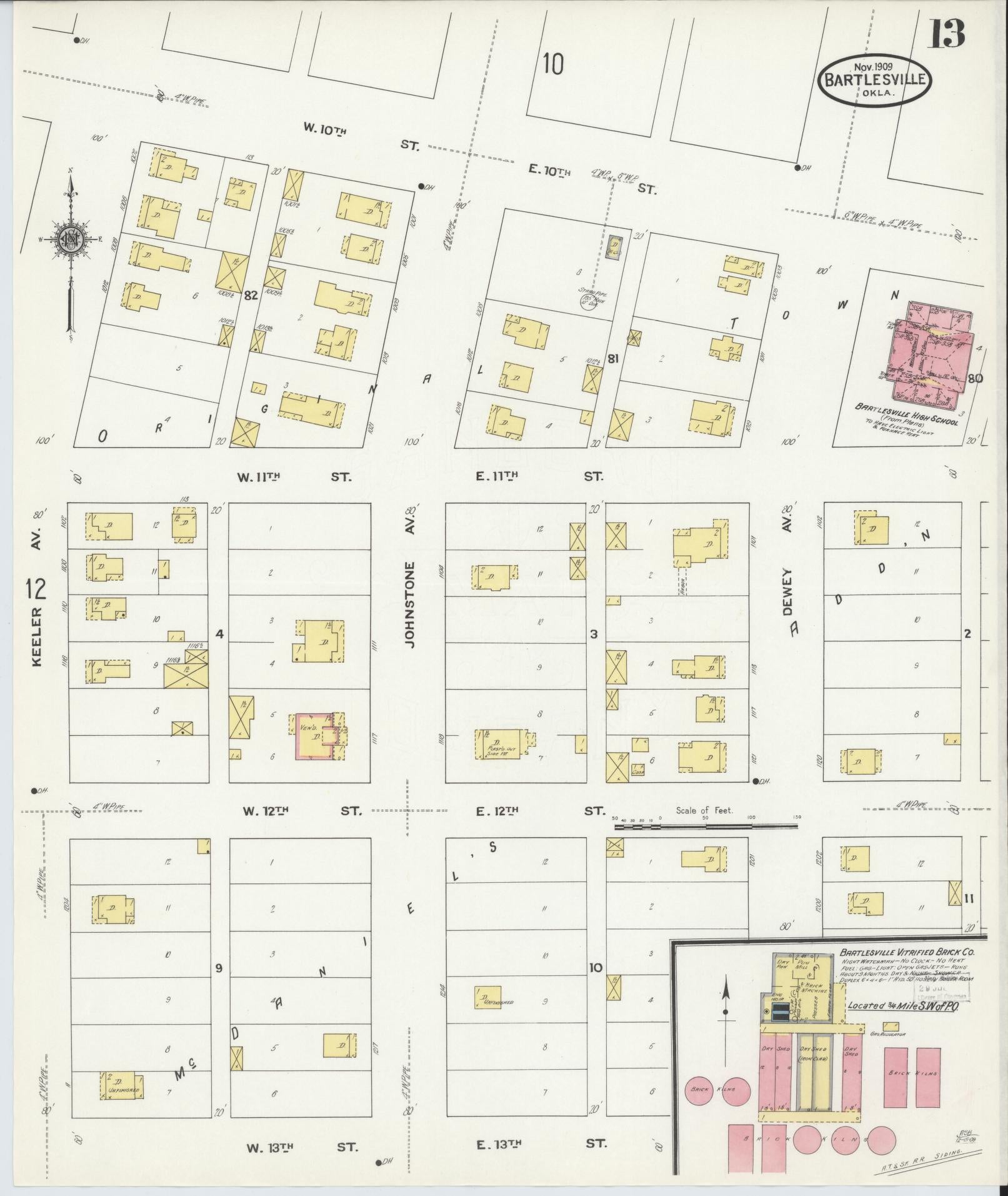 Sanborn Fire Insurance Map from Bartlesville, Washington County, Oklahoma (1909), Sheet #0013 - Complete Map Set gallery image, historic Sanborn map, vintage wall art, Oklahoma Oklahoma