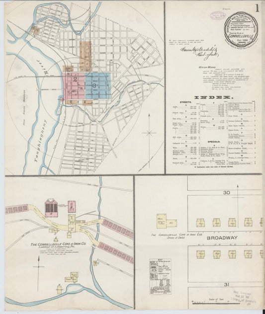 Sanborn Fire Insurance Map from Connellsville, Fayette County, Pennsylvania (1886), Sheet #0001 - Historic Sanborn Fire Insurance Map Print, vintage old map wall art, antique decor, genealogy gift, Pennsylvania Pennsylvania map