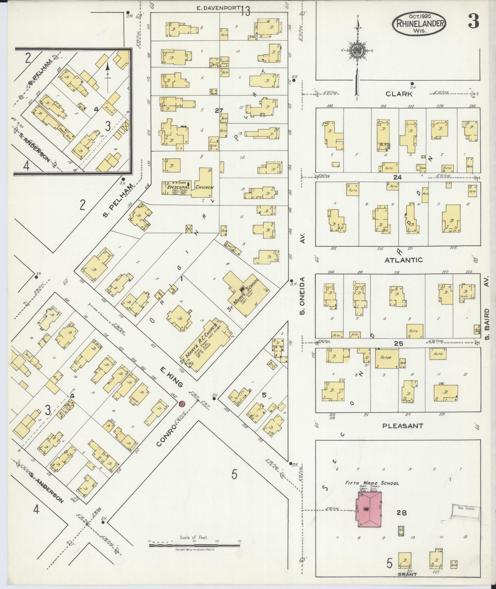 Sanborn Fire Insurance Map from Rhinelander, Oneida County, Wisconsin (1920), Sheet #0003 - Historic Sanborn Fire Insurance Map Print, vintage old map wall art, antique decor, genealogy gift, Wisconsin Wisconsin map
