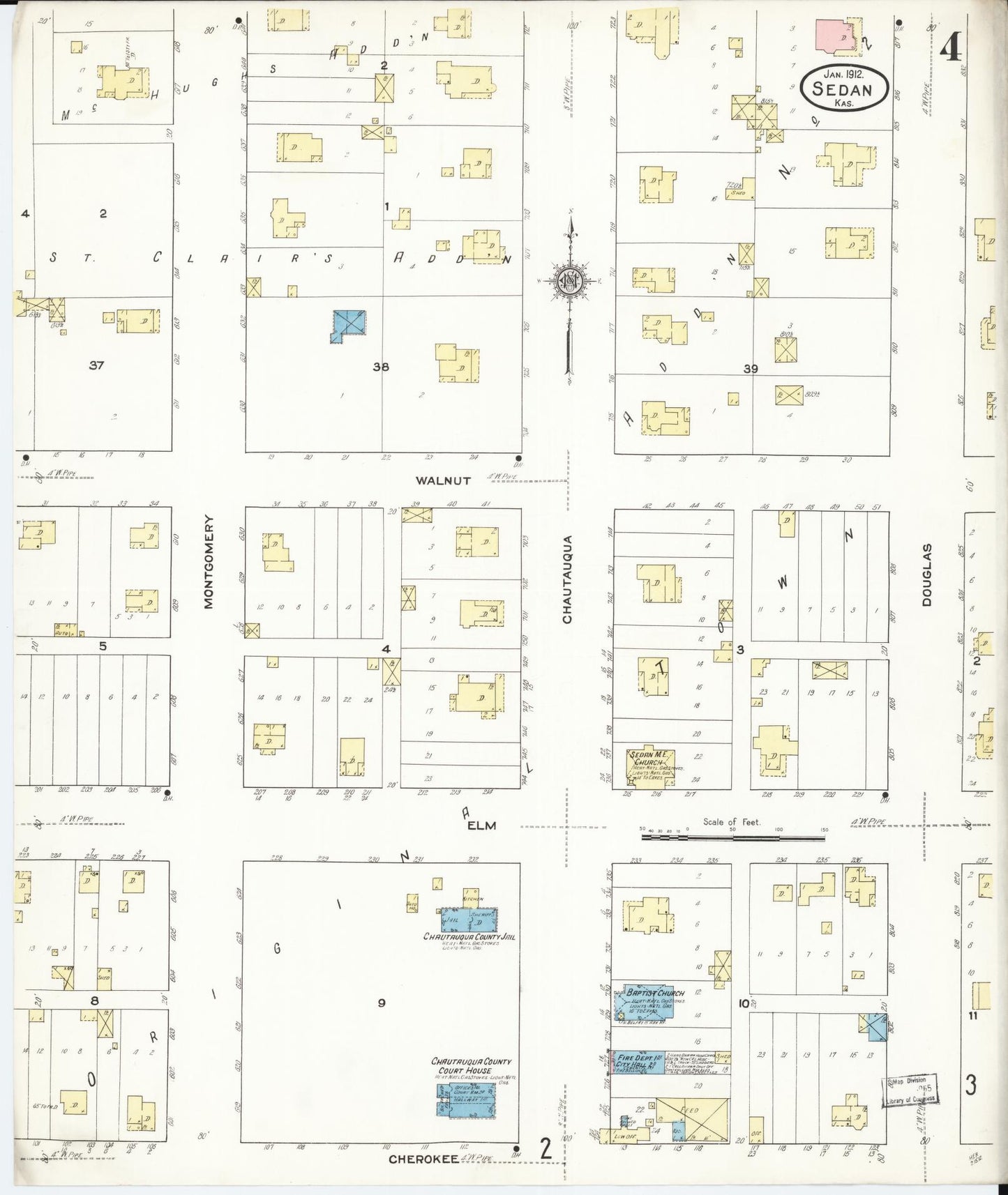Sanborn Fire Insurance Map from Sedan, Chautauqua County, Kansas (1912), Sheet #0004 - Historic Sanborn Fire Insurance Map Print, vintage old map wall art, antique decor, genealogy gift, Kansas Kansas map