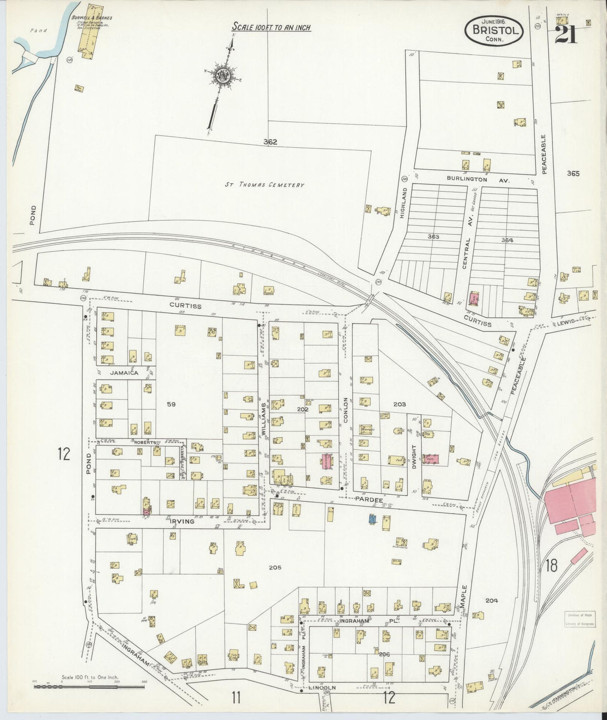 Sanborn Fire Insurance Map from Bristol, Hartford County, Connecticut (1916), Sheet #0021 - Historic Sanborn Fire Insurance Map Print, vintage old map wall art, antique decor, genealogy gift, Connecticut Connecticut map
