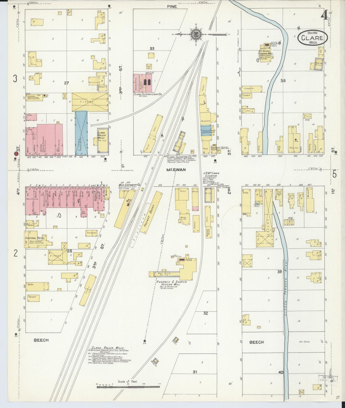 Sanborn Fire Insurance Map from Clare, Clare County, Michigan (1910), Sheet #0004 - Complete Map Set gallery image, historic Sanborn map, vintage wall art, Michigan Michigan