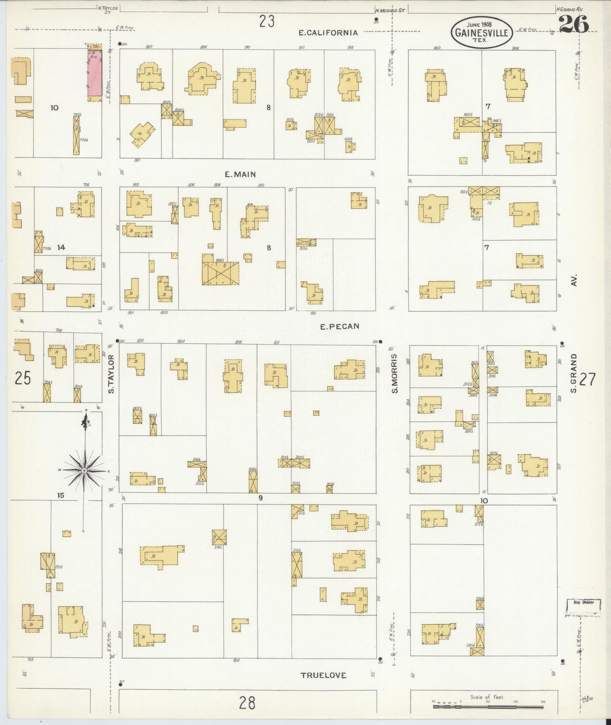 Sanborn Fire Insurance Map from Gainesville, Cooke County, Texas (1908), Sheet #0026 - Complete Map Set gallery image, historic Sanborn map, vintage wall art, Texas Texas