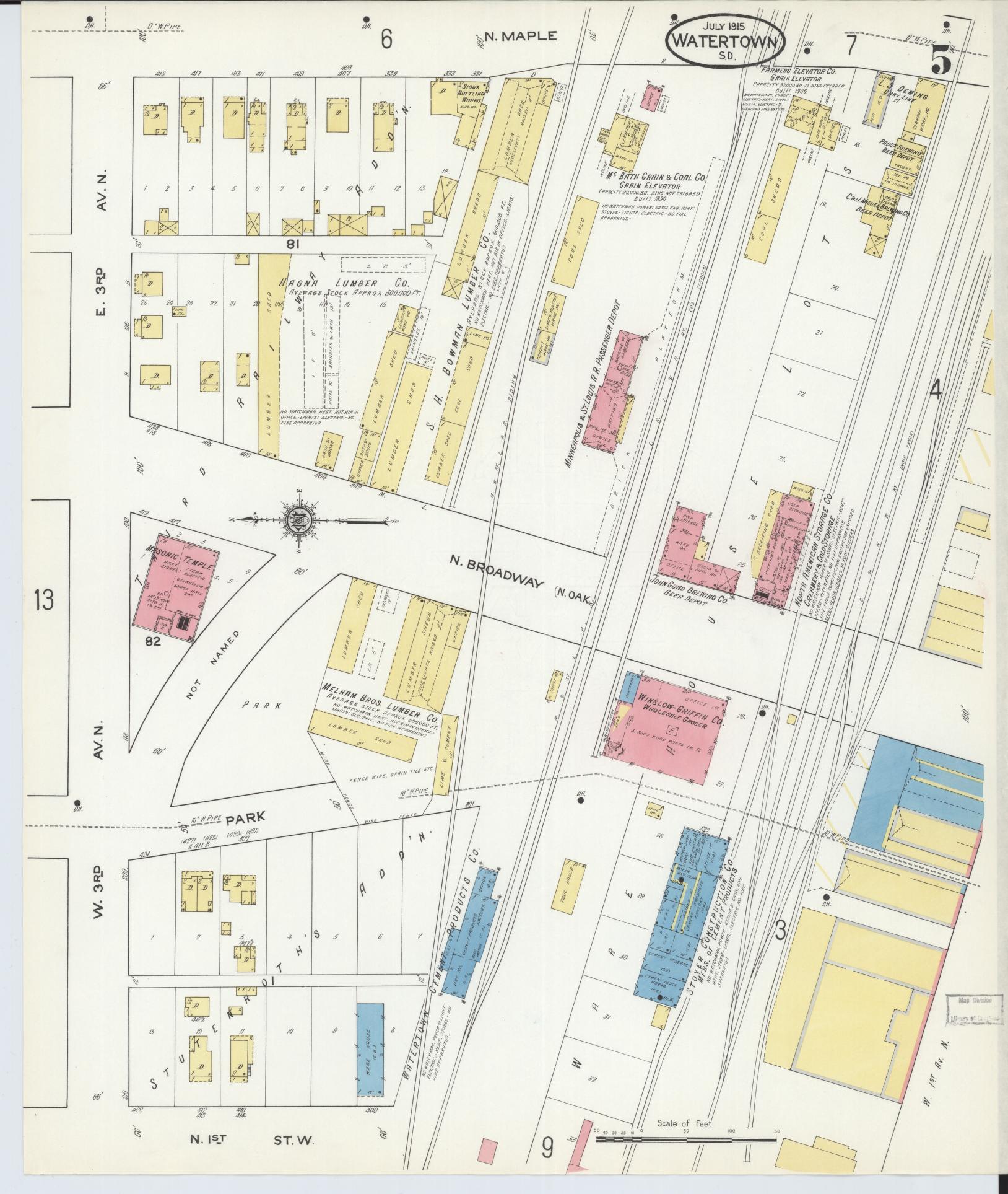 Sanborn Fire Insurance Map from Watertown, Codington County, South Dakota (1915), Sheet #0005 - Complete Map Set gallery image, historic Sanborn map, vintage wall art, South Dakota South Dakota