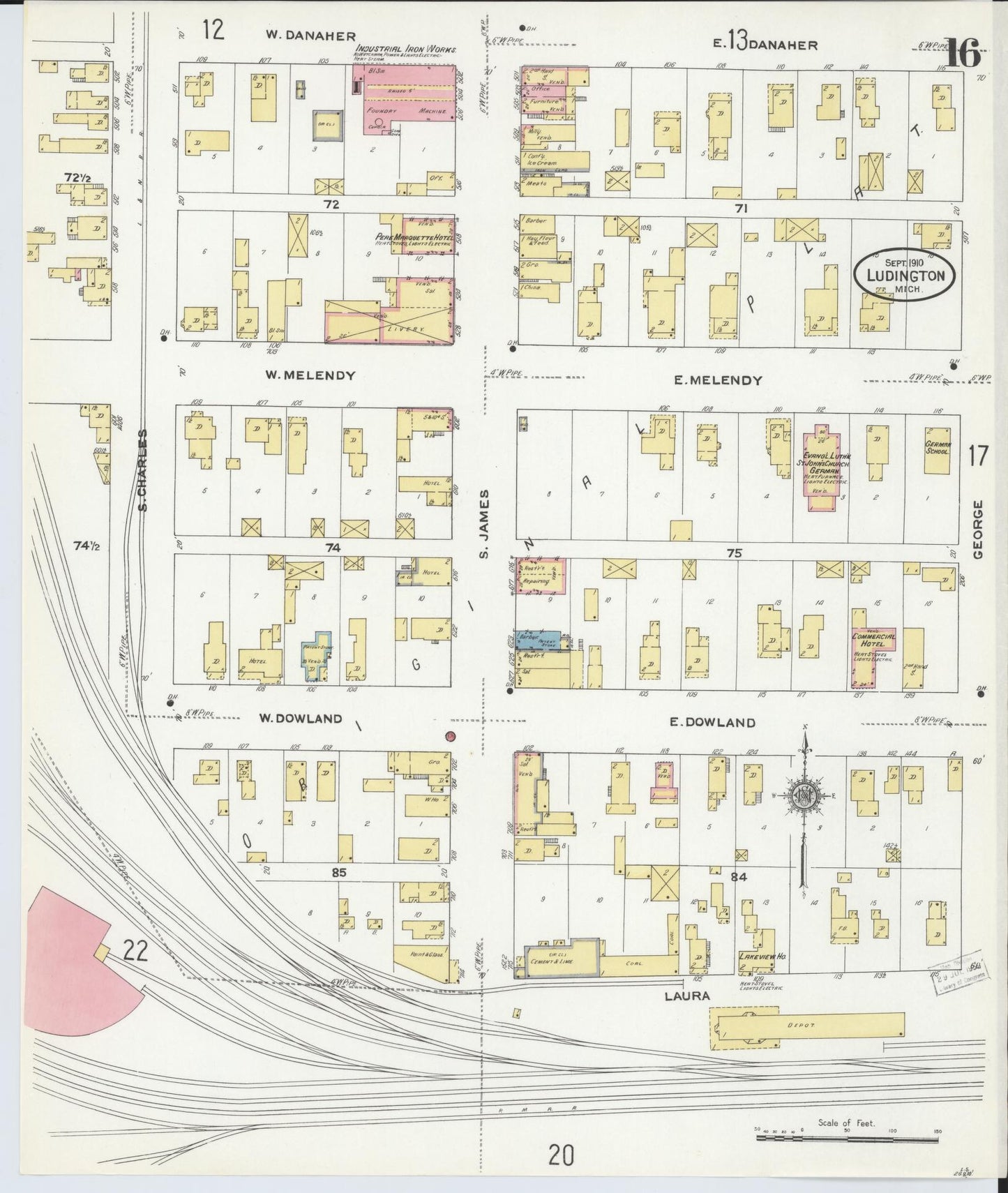 Sanborn Fire Insurance Map from Ludington, Mason County, Michigan (1910), Sheet #0016 - Complete Map Set gallery image, historic Sanborn map, vintage wall art, Michigan Michigan