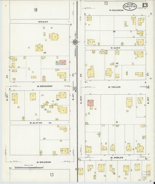 Sanborn Fire Insurance Map from Griffin, Spalding County, Georgia (1909), Sheet #0013 - Historic Sanborn Fire Insurance Map Print, vintage old map wall art, antique decor, genealogy gift, Georgia Georgia map