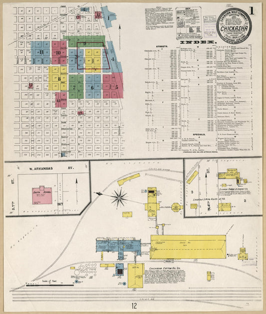 Sanborn Fire Insurance Map from Chickasha, Grady County, Oklahoma (1904), Sheet #0001 - Historic Sanborn Fire Insurance Map Print, vintage old map wall art, antique decor, genealogy gift, Oklahoma Oklahoma map