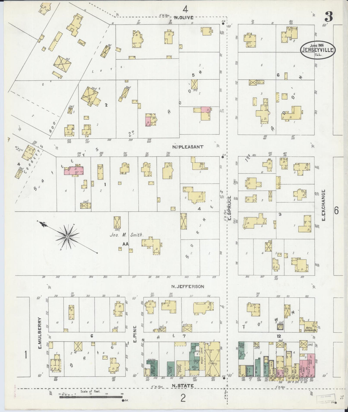 Sanborn Fire Insurance Map from Jerseyville, Jersey County, Illinois (1906), Sheet #0003 - Complete Map Set gallery image, historic Sanborn map, vintage wall art, Illinois Illinois