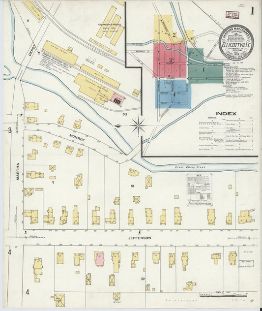 Sanborn Fire Insurance Map from Ellicottville, Cattaraugus County, New York (1909), Sheet #0001 - Historic Sanborn Fire Insurance Map Print, vintage old map wall art, antique decor, genealogy gift, New York New York map