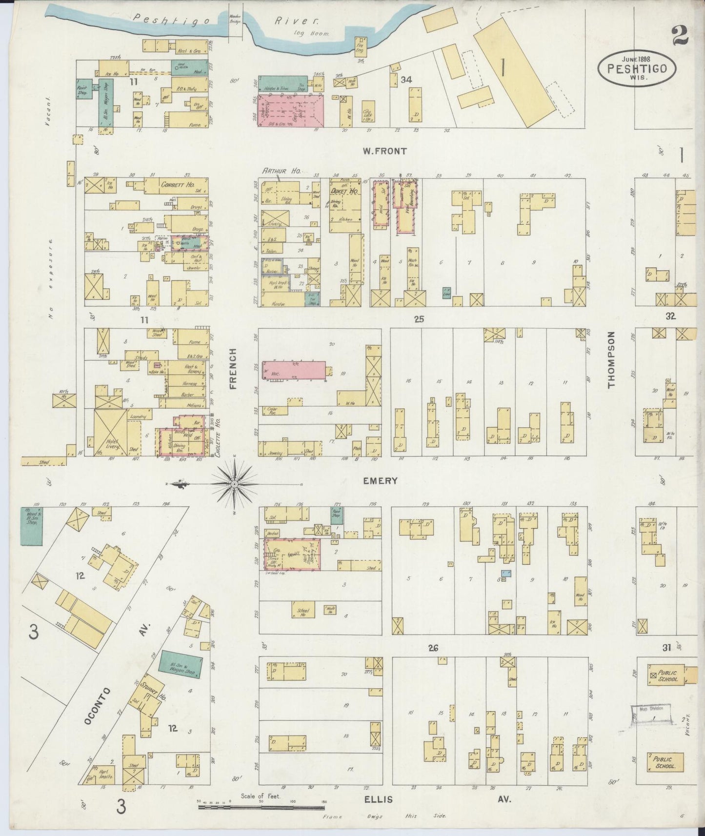 Sanborn Fire Insurance Map from Peshtigo, Marinette County, Wisconsin (1898), Sheet #0002 - Complete Map Set gallery image, historic Sanborn map, vintage wall art, Wisconsin Wisconsin