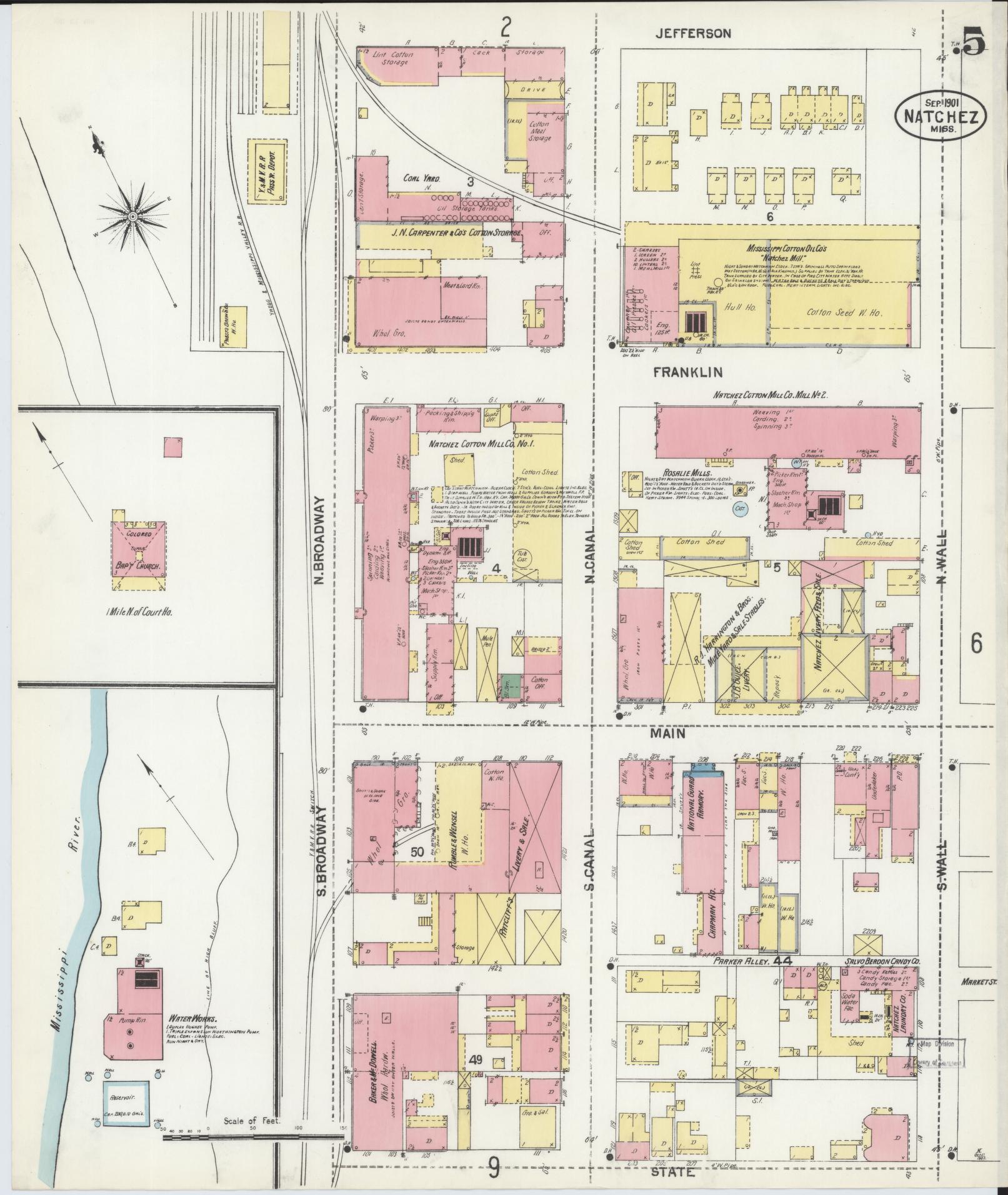 Sanborn Fire Insurance Map from Natchez, Adams County, Mississippi (1901), Sheet #0005 - Historic Sanborn Fire Insurance Map Print, vintage old map wall art, antique decor, genealogy gift, Mississippi Mississippi map