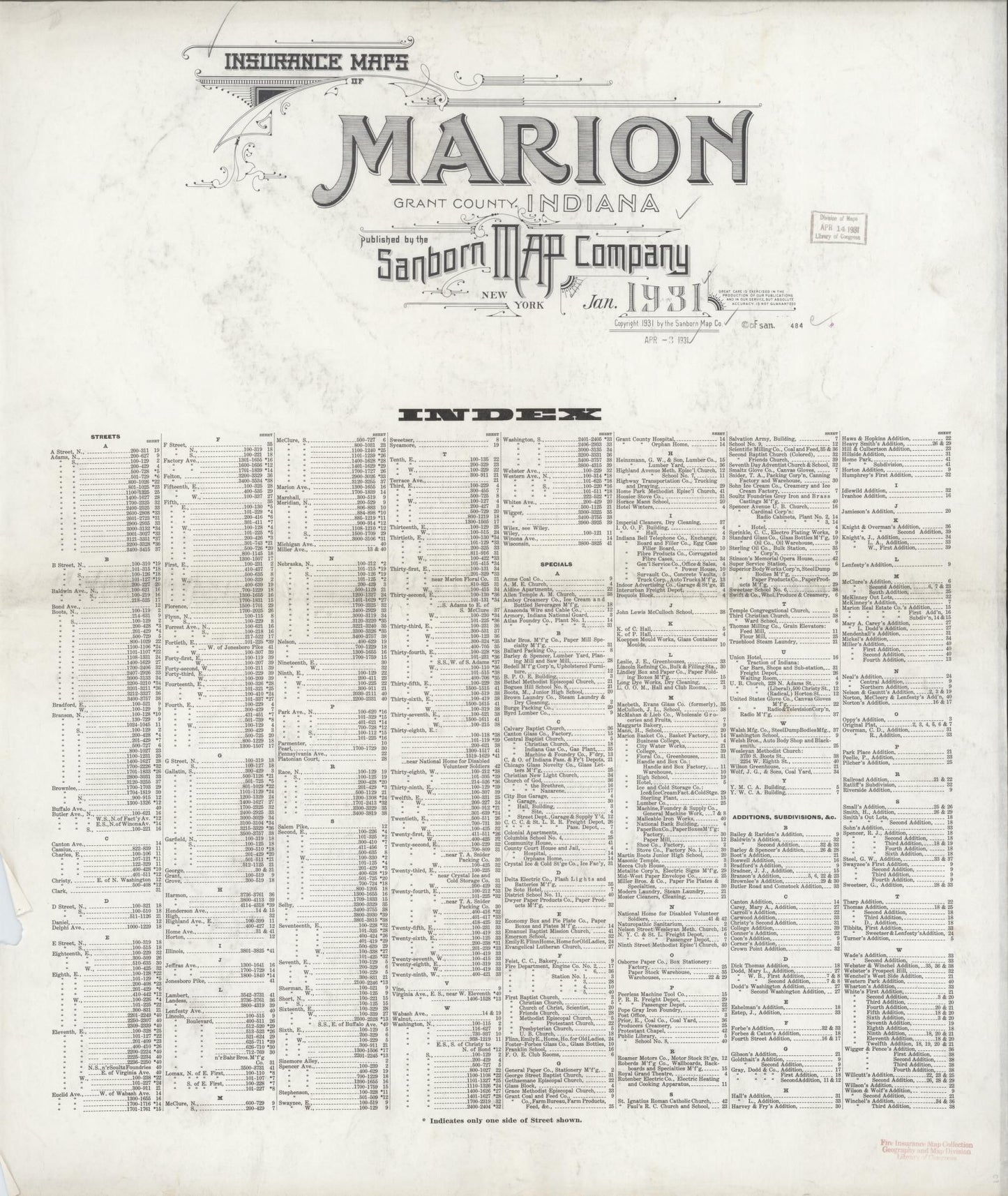 Sanborn Fire Insurance Map from Marion, Grant County, Indiana (1931), Sheet #0001 - Historic Sanborn Fire Insurance Map Print, vintage old map wall art, antique decor, genealogy gift, Indiana Indiana map