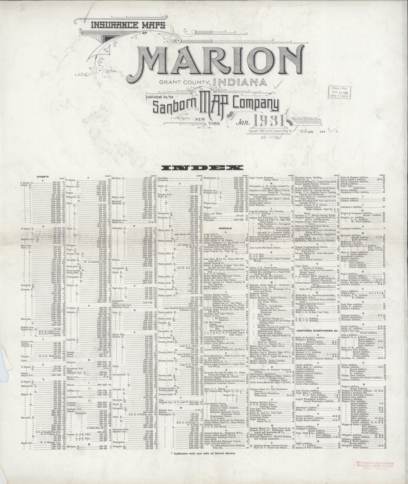 Sanborn Fire Insurance Map from Marion, Grant County, Indiana (1931), Sheet #0001 - Historic Sanborn Fire Insurance Map Print, vintage old map wall art, antique decor, genealogy gift, Indiana Indiana map