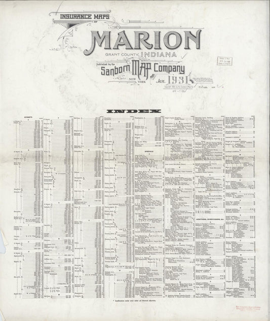 Sanborn Fire Insurance Map from Marion, Grant County, Indiana (1931), Sheet #0001 - Historic Sanborn Fire Insurance Map Print, vintage old map wall art, antique decor, genealogy gift, Indiana Indiana map