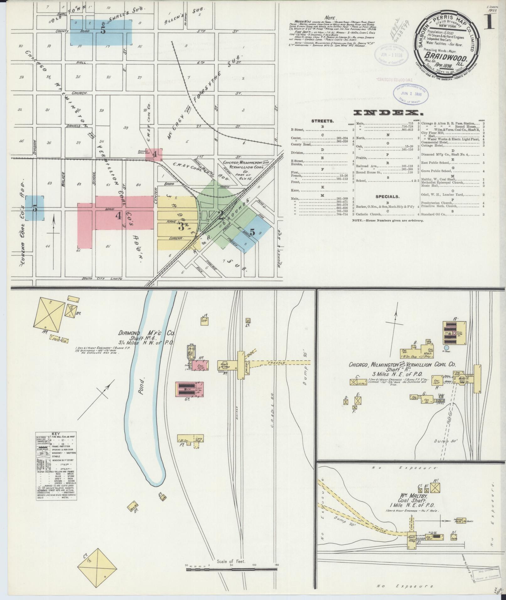 Sanborn Fire Insurance Map from Braidwood, Will County, Illinois (1898), Sheet #0001 - Complete Map Set gallery image, historic Sanborn map, vintage wall art, Illinois Illinois