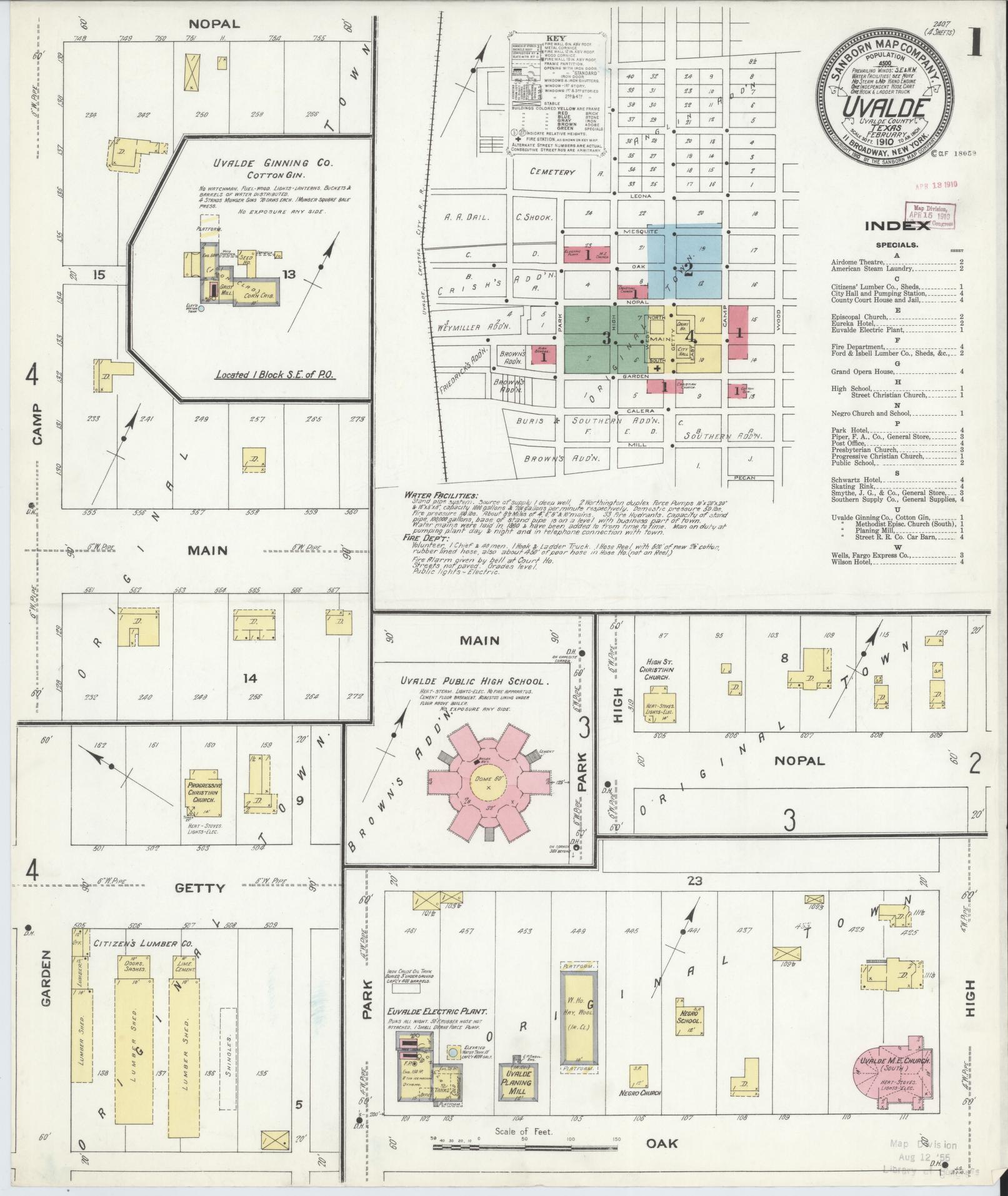 Sanborn Fire Insurance Map from Uvalde, Uvalde County, Texas (1910), Sheet #0001 - Historic Sanborn Fire Insurance Map Print, vintage old map wall art, antique decor, genealogy gift, Texas Texas map