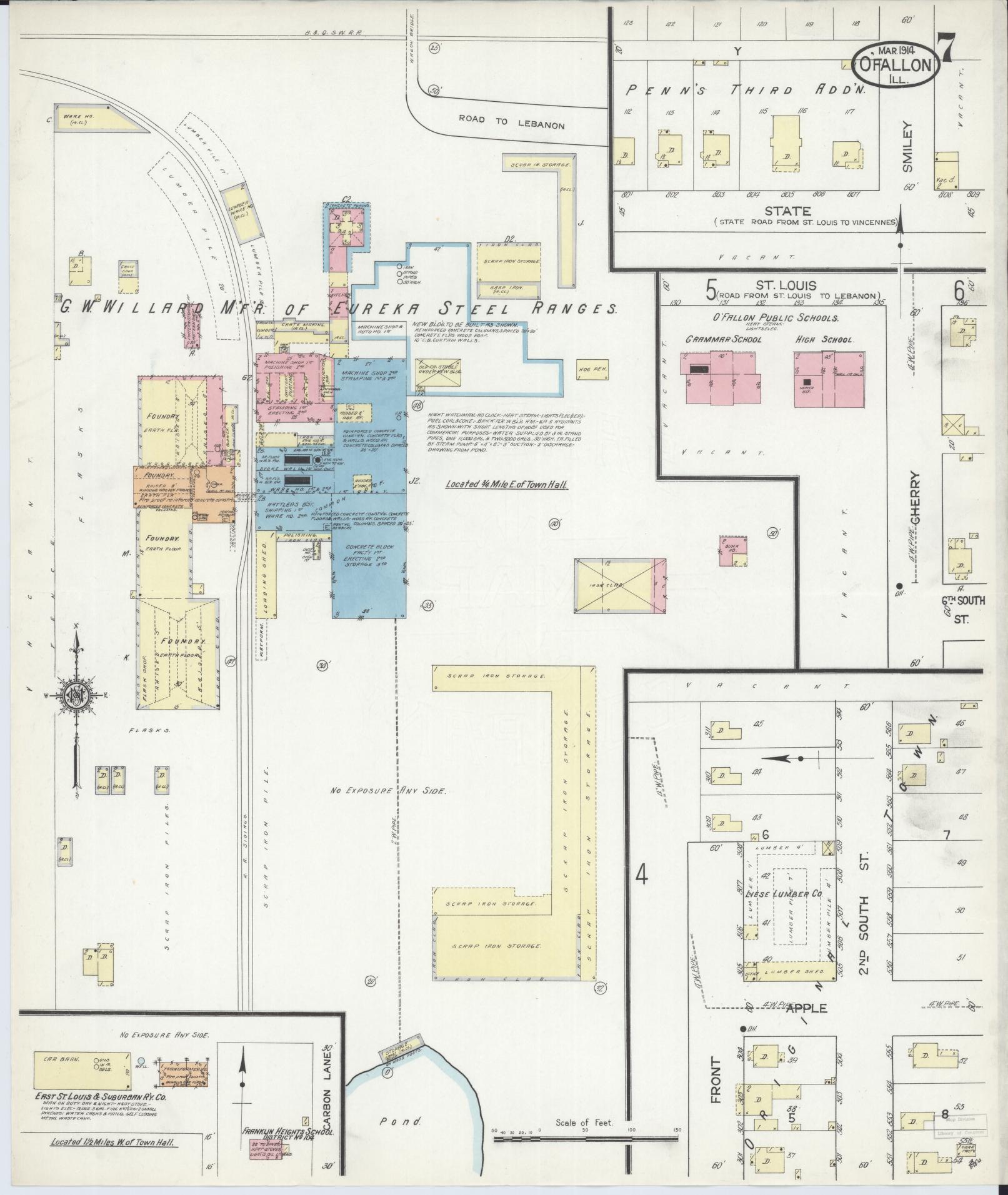 Sanborn Fire Insurance Map from O'Fallon, Saint Clair County, Illinois (1914), Sheet #0007 - Historic Sanborn Fire Insurance Map Print, vintage old map wall art, antique decor, genealogy gift, Illinois Illinois map