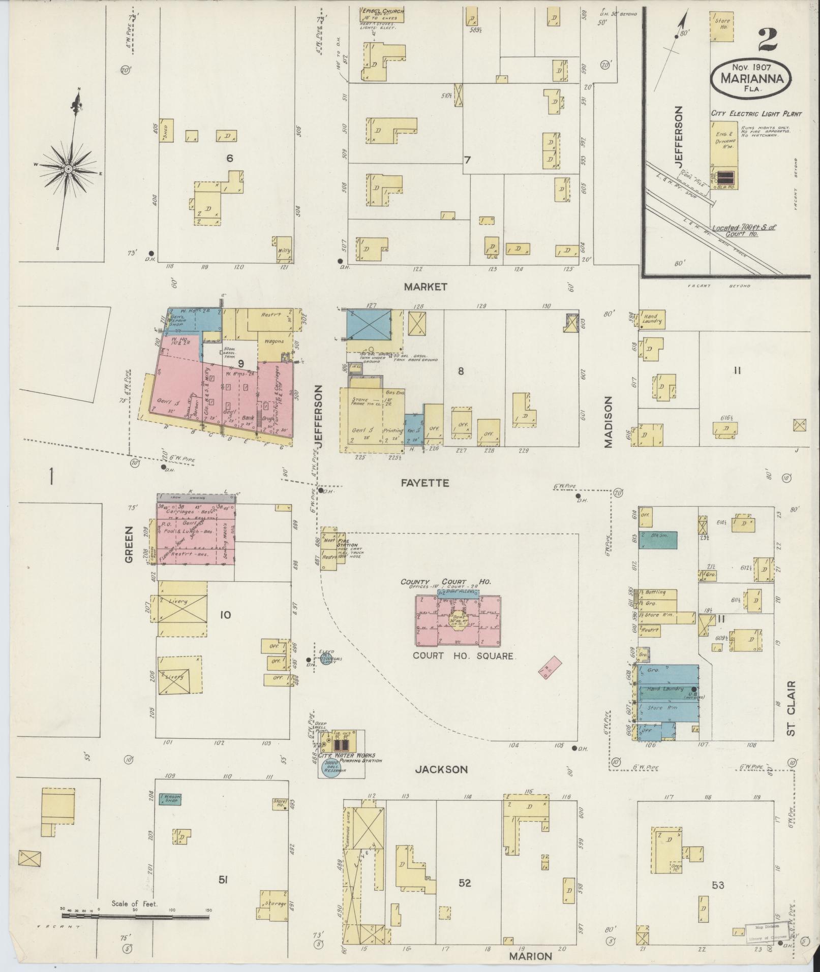 Sanborn Fire Insurance Map from Marianna, Jackson County, Florida (1907), Sheet #0002 - Complete Map Set gallery image, historic Sanborn map, vintage wall art, Florida Florida