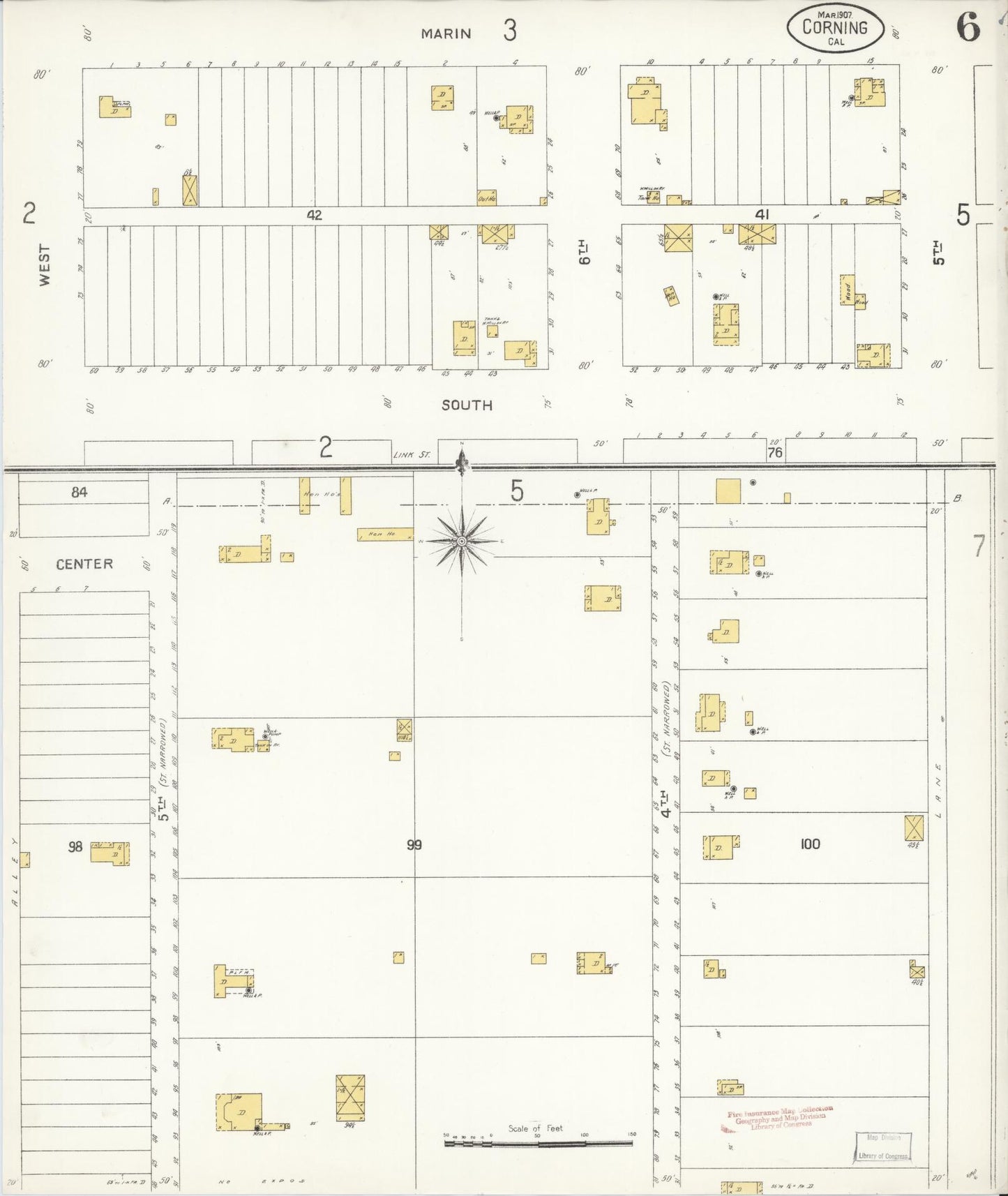 Sanborn Fire Insurance Map from Corning, Tehama County, California (1907), Sheet #0006 - Complete Map Set gallery image, historic Sanborn map, vintage wall art, California California