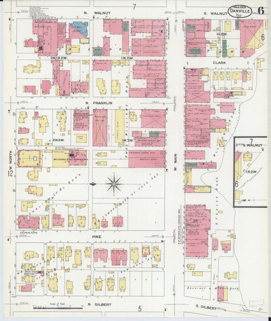 Sanborn Fire Insurance Map from Danville, Vermilion County, Illinois (1909), Sheet #0006 - Historic Sanborn Fire Insurance Map Print, vintage old map wall art, antique decor, genealogy gift, Illinois Illinois map