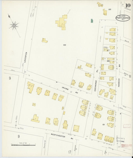 Sanborn Fire Insurance Map from Port Chester, Westchester County, New York (1908), Sheet #0010 - Historic Sanborn Fire Insurance Map Print, vintage old map wall art, antique decor, genealogy gift, New York New York map
