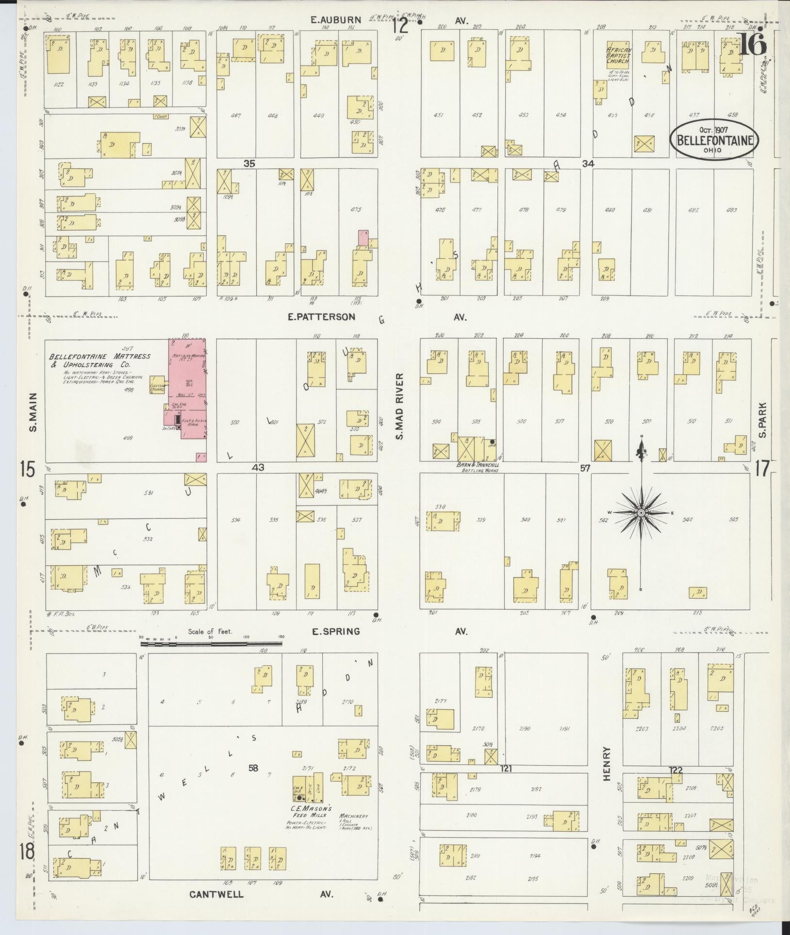 Sanborn Fire Insurance Map from Bellefontaine, Logan County, Ohio (1907), Sheet #0016 - Historic Sanborn Fire Insurance Map Print, vintage old map wall art, antique decor, genealogy gift, Ohio Ohio map