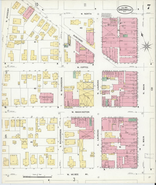 Sanborn Fire Insurance Map from Greenville, Greenville County, South Carolina (1908), Sheet #0007 - Historic Sanborn Fire Insurance Map Print, vintage old map wall art, antique decor, genealogy gift, South Carolina South Carolina map