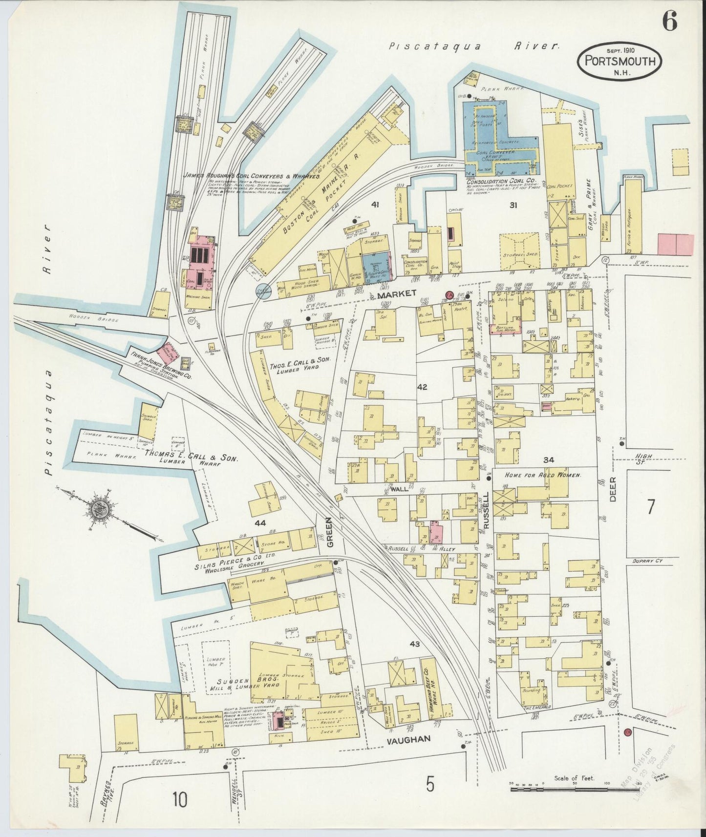 Sanborn Fire Insurance Map from Portsmouth, Rockingham County, New Hampshire (1910), Sheet #0006 - Historic Sanborn Fire Insurance Map Print, vintage old map wall art, antique decor, genealogy gift, New Hampshire New Hampshire map