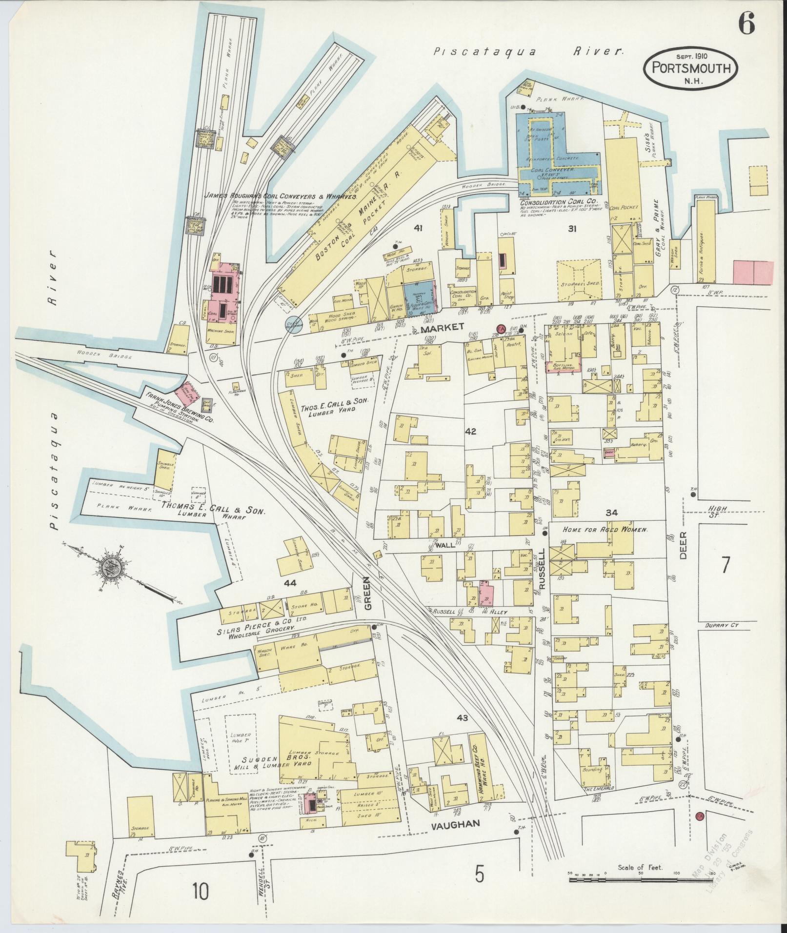 Sanborn Fire Insurance Map from Portsmouth, Rockingham County, New Hampshire (1910), Sheet #0006 - Historic Sanborn Fire Insurance Map Print, vintage old map wall art, antique decor, genealogy gift, New Hampshire New Hampshire map