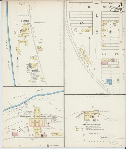 Sanborn Fire Insurance Map from Durango, La Plata County, Colorado (1886), Sheet #0003 - Historic Sanborn Fire Insurance Map Print, vintage old map wall art, antique decor, genealogy gift, Colorado Colorado map