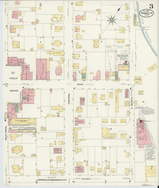 Sanborn Fire Insurance Map from Franklin, Williamson County, Tennessee (1908), Sheet #0003 - Historic Sanborn Fire Insurance Map Print, vintage old map wall art, antique decor, genealogy gift, Tennessee Tennessee map