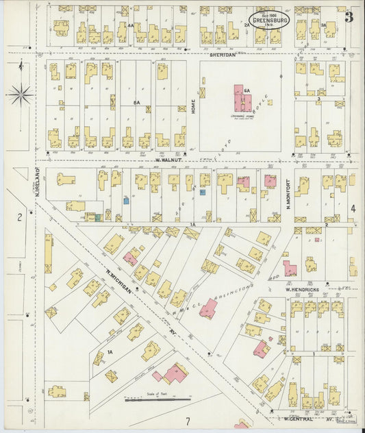 Sanborn Fire Insurance Map from Greensburg, Decatur County, Indiana (1906), Sheet #0003 - Historic Sanborn Fire Insurance Map Print, vintage old map wall art, antique decor, genealogy gift, Indiana Indiana map