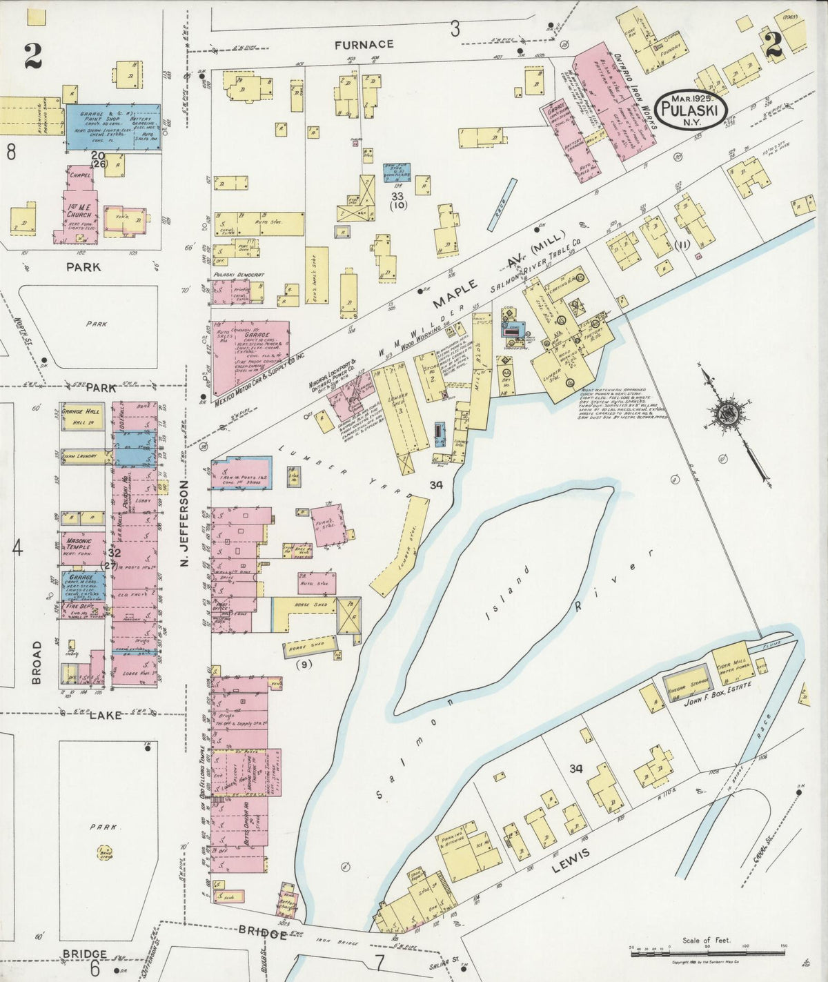Sanborn Fire Insurance Map from Pulaski, Oswego County, New York (1925), Sheet #0002 - Historic Sanborn Fire Insurance Map Print, vintage old map wall art, antique decor, genealogy gift, New York New York map
