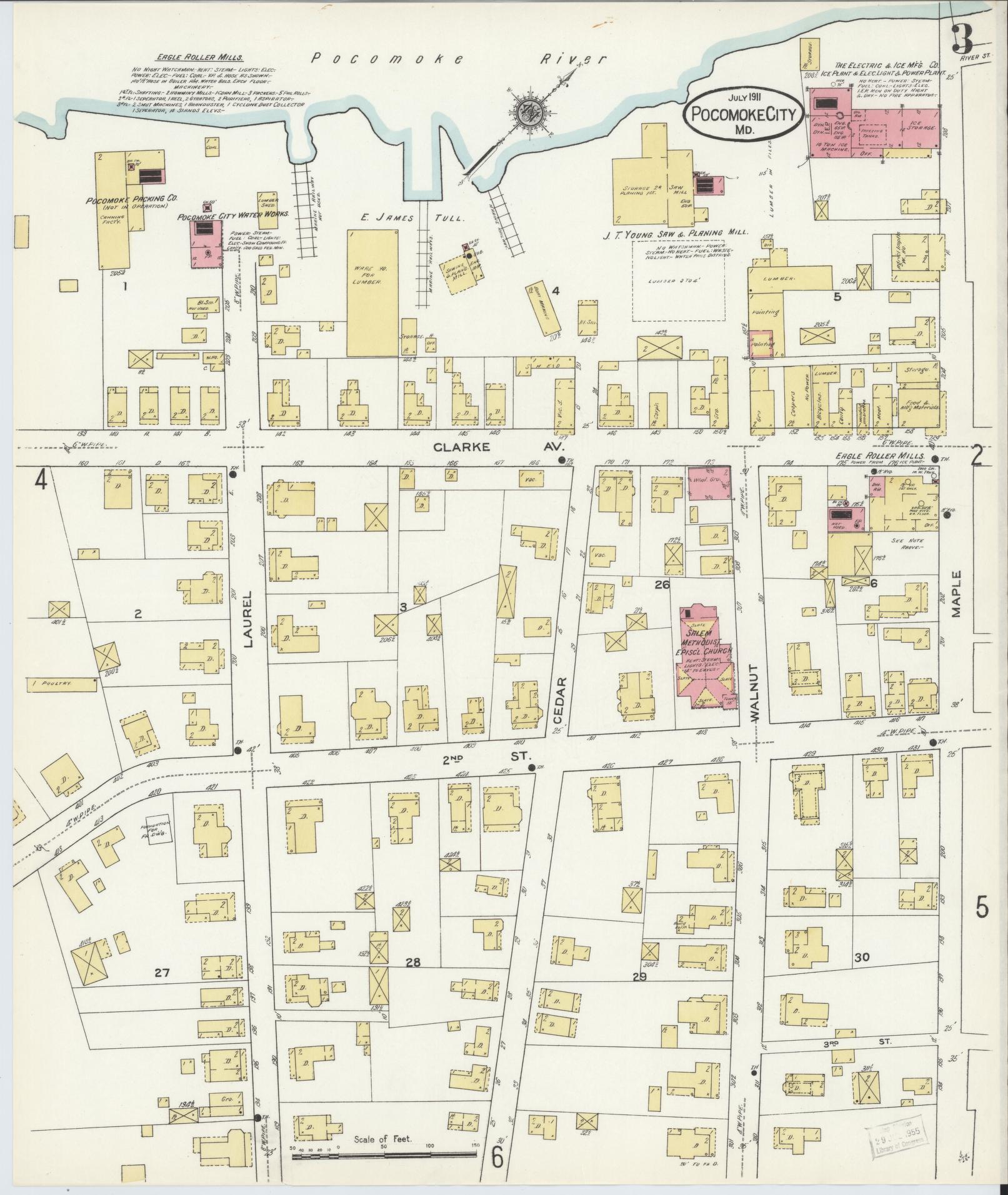 Sanborn Fire Insurance Map from Pocomoke City, Worcester County, Maryland (1911), Sheet #0003 - Historic Sanborn Fire Insurance Map Print, vintage old map wall art