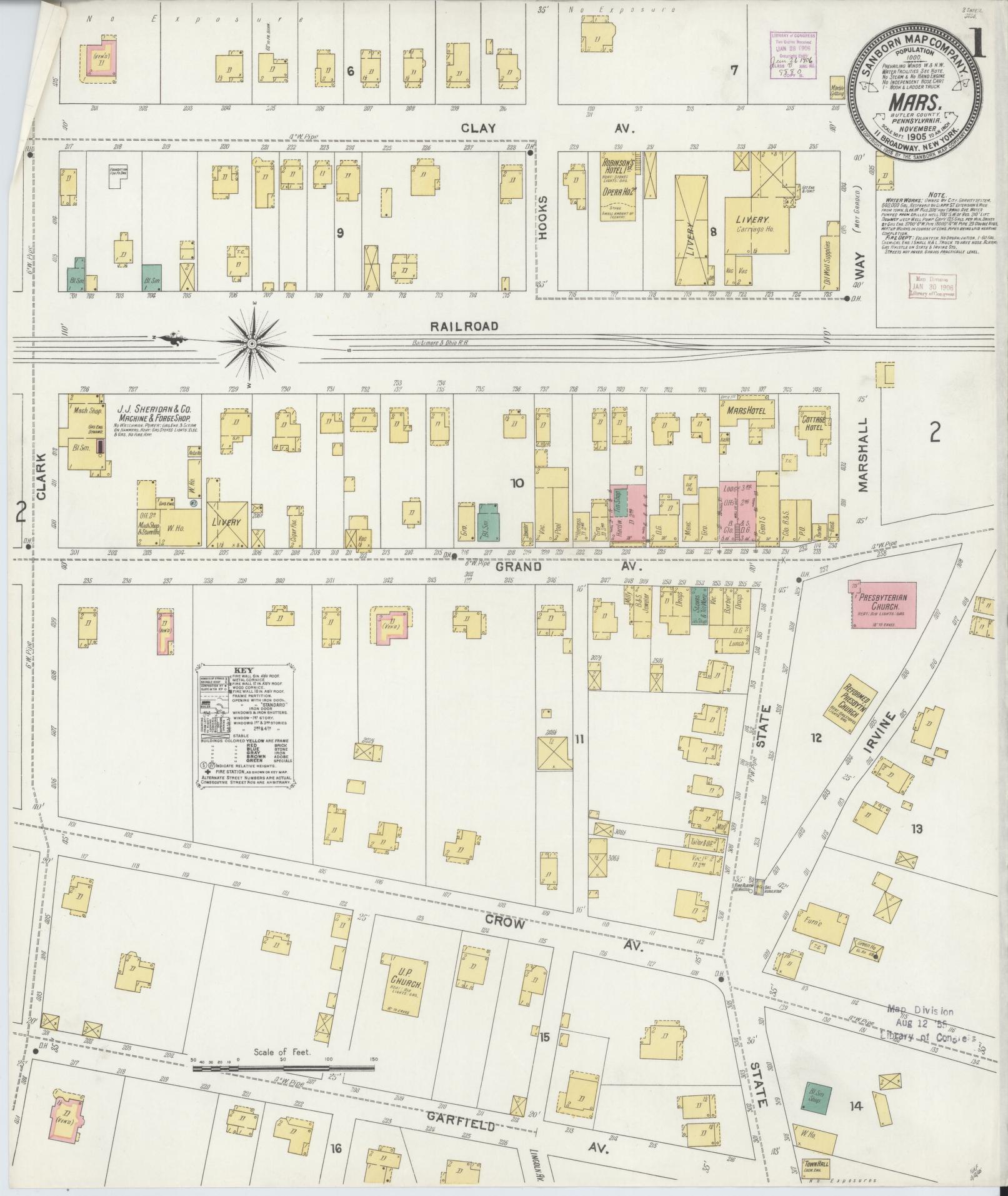 Sanborn Fire Insurance Map from Mars, Butler County, Pennsylvania (1905), Sheet #0001 - Historic Sanborn Fire Insurance Map Print, vintage old map wall art, antique decor, genealogy gift, Pennsylvania Pennsylvania map