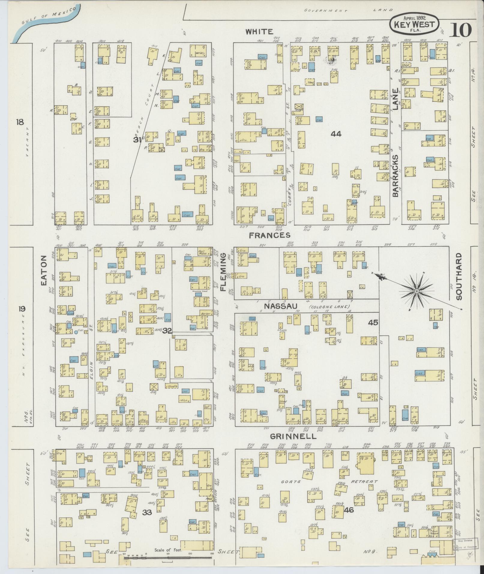 Sanborn Fire Insurance Map from Key West, Monroe County, Florida (1892), Sheet #0010 - Historic Sanborn Fire Insurance Map Print, vintage old map wall art, antique decor, genealogy gift, Florida Florida map