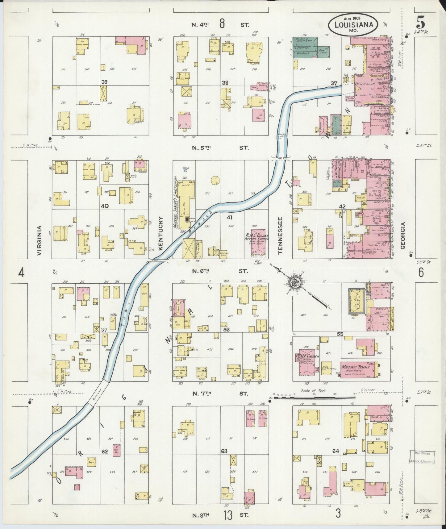 Sanborn Fire Insurance Map from Louisiana, Pike County, Missouri (1909), Sheet #0005 - Historic Sanborn Fire Insurance Map Print, vintage old map wall art, antique decor, genealogy gift, Missouri Missouri map