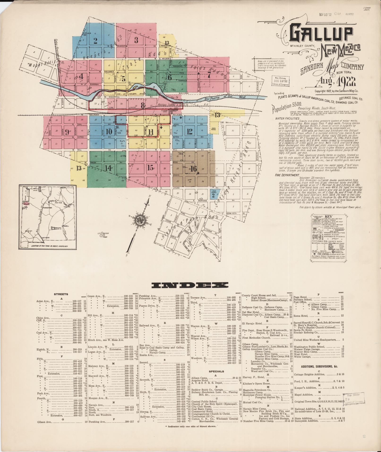 Sanborn Fire Insurance Map from Gallup, Mckinley County, New Mexico (1922), Sheet #0001 - Complete Map Set gallery image, historic Sanborn map, vintage wall art, New Mexico New Mexico