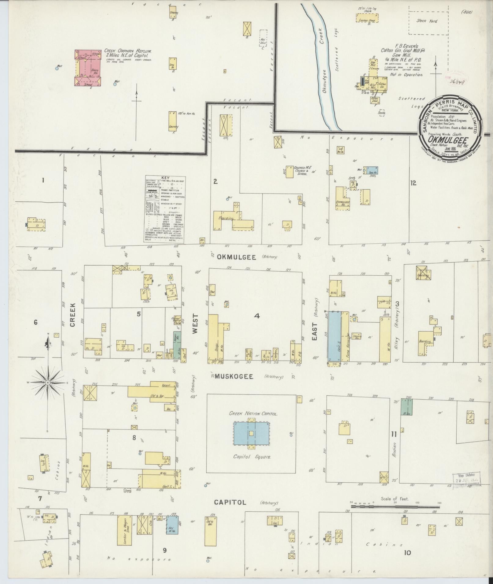 Sanborn Fire Insurance Map from Okmulgee, Okmulgee County, Oklahoma (1896), Sheet #0001 - Historic Sanborn Fire Insurance Map Print, vintage old map wall art, antique decor, genealogy gift, Oklahoma Oklahoma map
