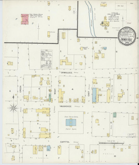 Sanborn Fire Insurance Map from Okmulgee, Okmulgee County, Oklahoma (1896), Sheet #0001 - Historic Sanborn Fire Insurance Map Print, vintage old map wall art, antique decor, genealogy gift, Oklahoma Oklahoma map