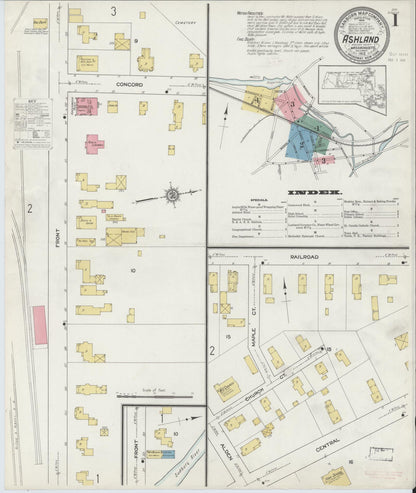 Sanborn Fire Insurance Map from Ashland, Middlesex County, Massachusetts (1912), Sheet #0001 - Historic Sanborn Fire Insurance Map Print, vintage old map wall art, antique decor, genealogy gift, Massachusetts Massachusetts map