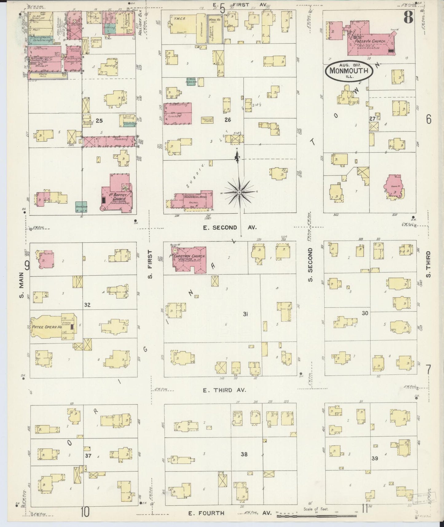Sanborn Fire Insurance Map from Monmouth, Warren County, Illinois (1907), Sheet #0008 - Complete Map Set gallery image, historic Sanborn map, vintage wall art, Illinois Illinois