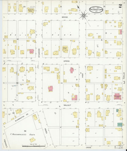 Sanborn Fire Insurance Map from Brownstown, Jackson County, Indiana (1907), Sheet #0002 - Historic Sanborn Fire Insurance Map Print, vintage old map wall art, antique decor, genealogy gift, Indiana Indiana map