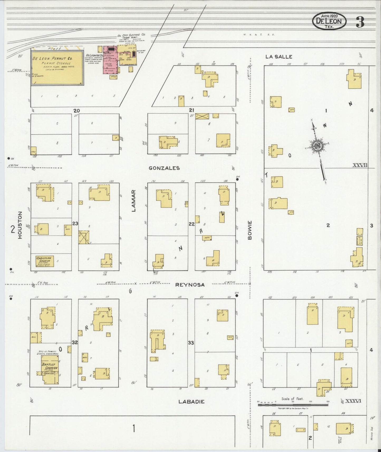 Sanborn Fire Insurance Map from De Leon, Comanche County, Texas (1920), Sheet #0003 - Historic Sanborn Fire Insurance Map Print, vintage old map wall art, antique decor, genealogy gift, Texas Texas map